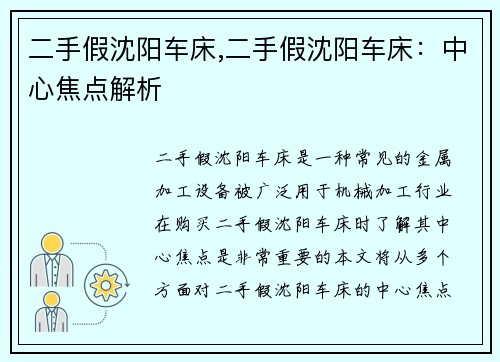 二手假沈阳车床,二手假沈阳车床：中心焦点解析